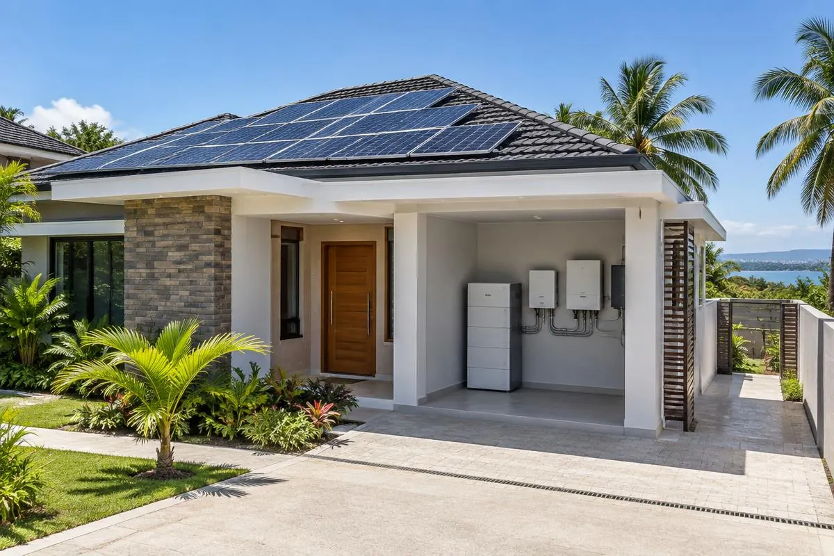 Home with rooftop solar and battery equipment